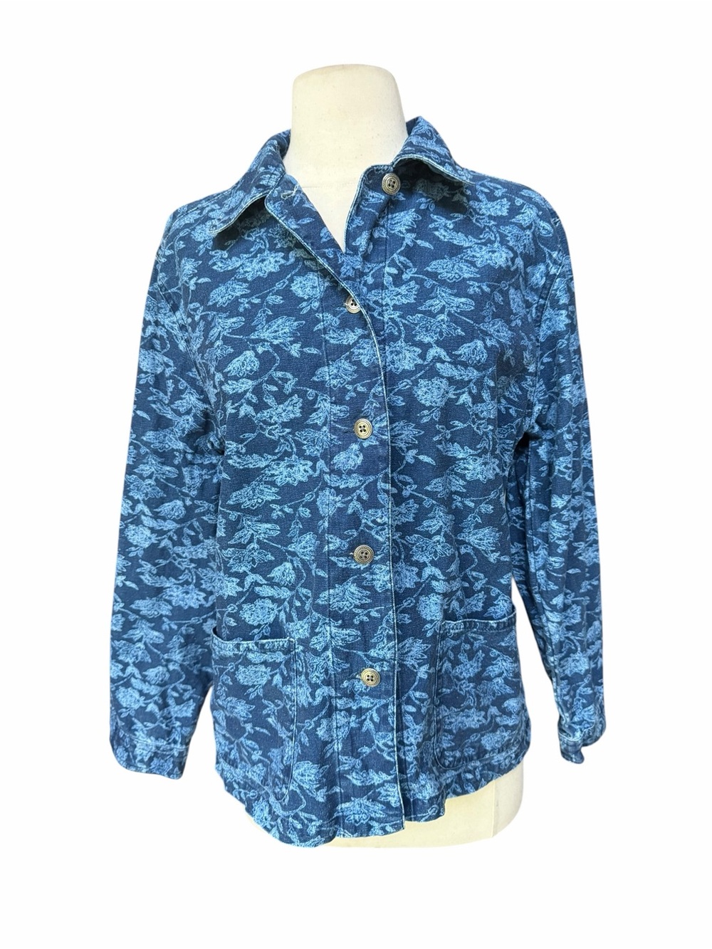 Y2K Faded Glory 100% Cotton Dark Indigo Wash Pale Blue Floral Print Denim Jacket
